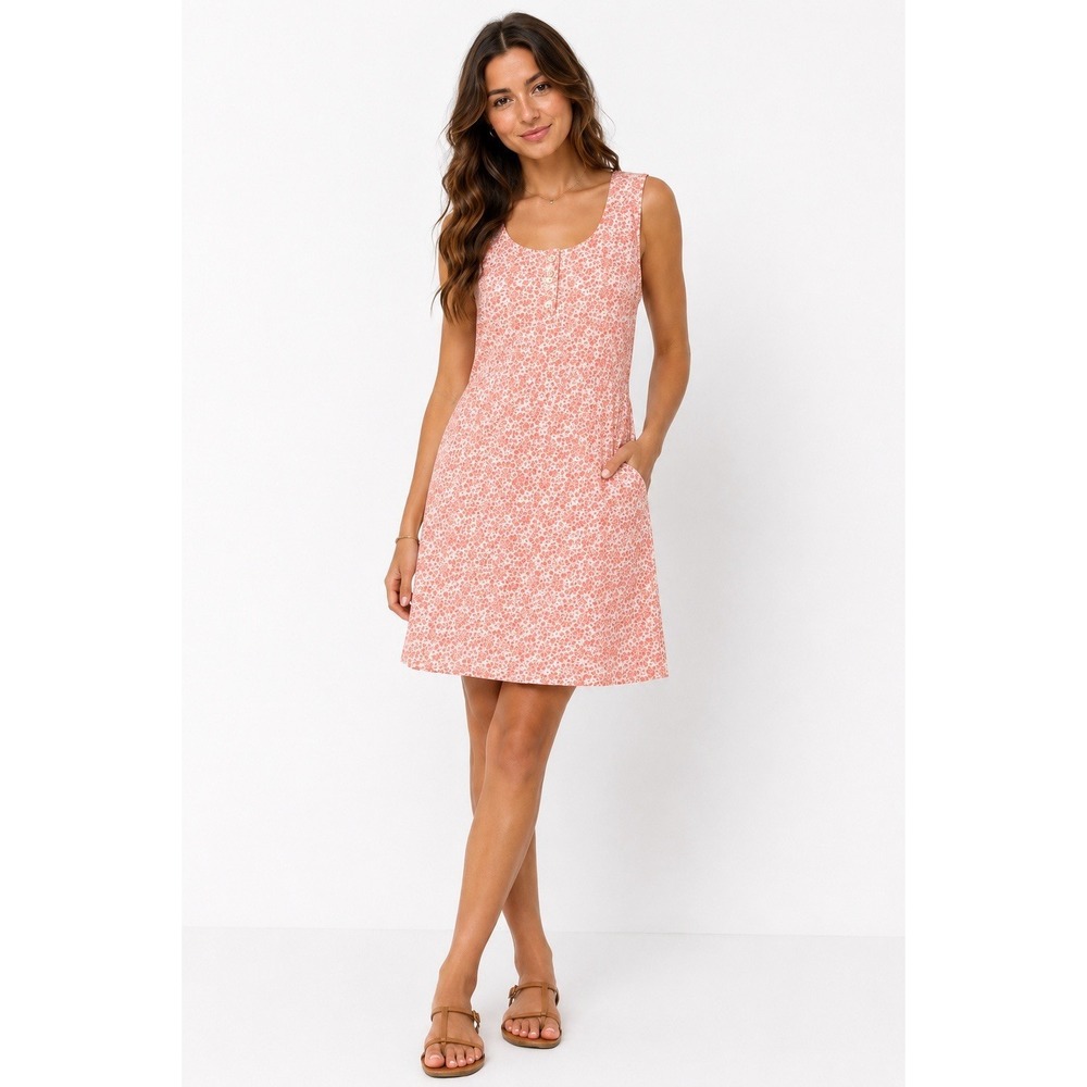 J.Crew Pink Floral Sleeveless Dress Size 4 Cotton Linen Pockets Cottage Vacation